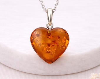 Personalised Sterling Silver Baltic Amber Heart Pendant Necklace