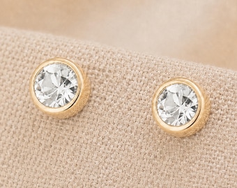 7mm Gold Plated Sterling Silver April Cubic Zirconia Birthstone Stud Earrings