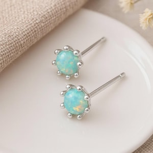 Green Opal Stud Earrings • Sterling Silver • October Birthstone Gift • Dainty Iridescent Studs • Gift for Her • Everyday Sparkle •