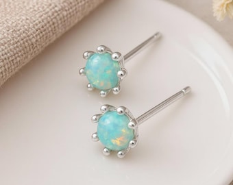 Green Opal Stud Earrings • Sterling Silver • October Birthstone Gift • Dainty Iridescent Studs • Gift for Her • Everyday Sparkle •