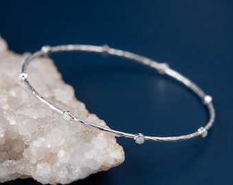 White Opal Bangle in Hammered Sterling Silver