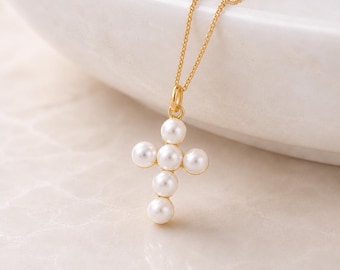 Personalised Tiny Gold Plated Sterling Silver Pearl Cross Necklace