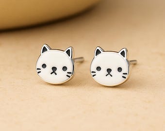 Sterling Silver Cat Face Stud Earrings