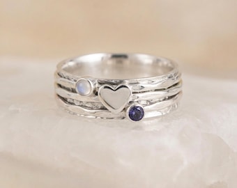 Personalised Moonstone Heart Spinner Ring in Hammered Sterling Silver