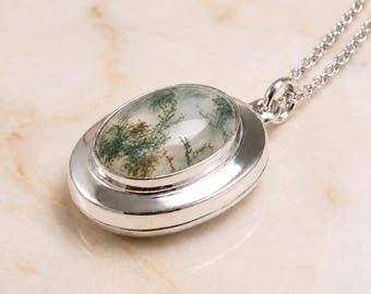 Personalised Moss Agate Gemstone Photo Locket Necklace in Sterling Silver