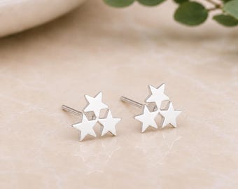 Sterling Silver Three Star Cluster Stud Earrings