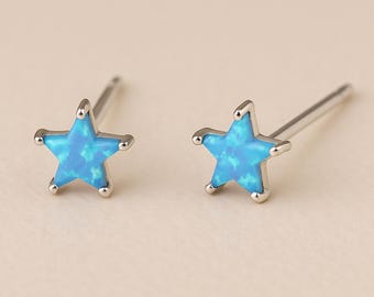 Sterling Silver Blue Opal Star Stud Earrings