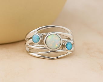 Molten Sterling Silver Blue and White Opal Trio Ring