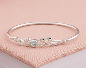 Argentium Sterling Silver Blue Topaz Leaf Bangle