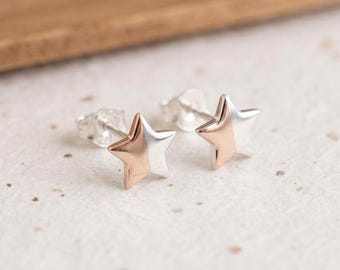 Personalised Star Stud Earrings In Sterling Silver And Rose Gold