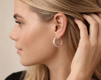 Large Sterling Silver Hammered Hoop Earrings – 27mm