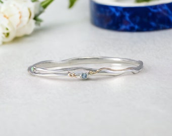 White Fire Opal and Blue Topaz Bangle in Sterling Silver, Organic Jewellery, Opal and Topaz Bracelet, Wedding Bangle