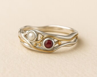 Molten Sterling Silver Ruby and Freshwater Pearl Ring