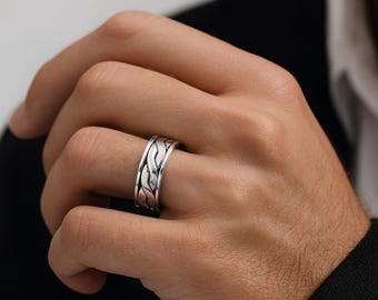 Personalised Men’s Sterling Silver Twisted Braid Spinner Ring – 8mm