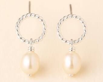 Sterling Silver White Freshwater Pearl Rope Stud Earrings