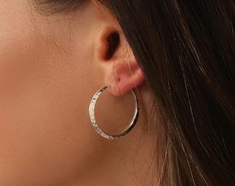 Large Sterling Silver Hammered Hoop Earrings