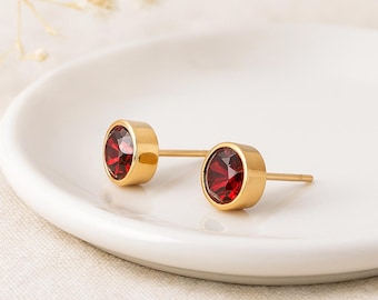Ruby CZ Stud Earrings • 18ct Gold-Plated Sterling Silver • July Birthstone Gift • 7mm Red Gemstone Studs • Gift for Her •