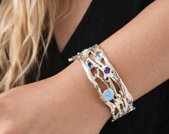 Molten Sterling Silver Opal Amethyst Blue Topaz Bangle Bracelet