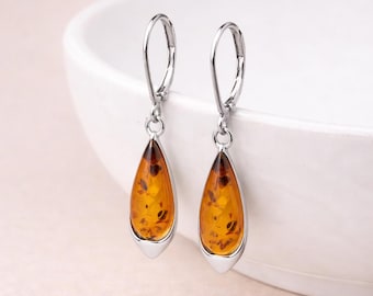 Sterling Silver Baltic Amber Teardrop Earrings – 8mm