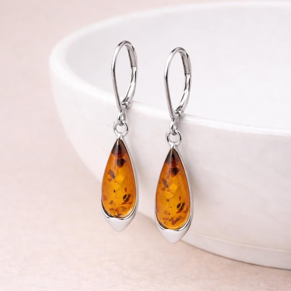 Sterling Silver Baltic Amber Teardrop Earrings – 8mm