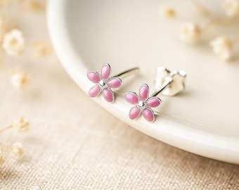 Mini Sterling Silver Pink Flower Stud Earrings