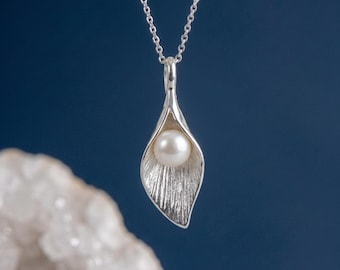 Personalised Calla Lily Necklace with Freshwater Pearl in Sterling Silver