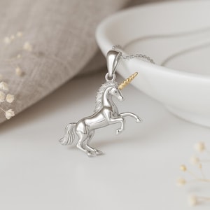 Sterling Silver Unicorn Pendant: Gold Horn, Personalized Fantasy Necklace