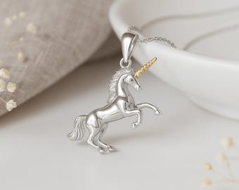 Unicorn Pendant • Solid Sterling Silver & Gold-Plated Horn Charm • Personalised Fantasy Necklace • Magical Creature Gift Jewellery