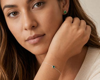 Personalised May Emerald Birthstone Bracelet in Sterling Silver