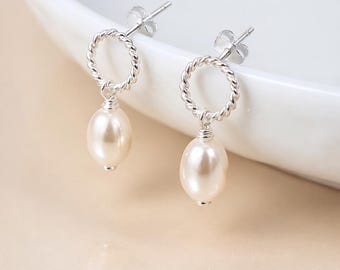 Sterling Silver White Freshwater Pearl Stud Drop Earrings – 8mm