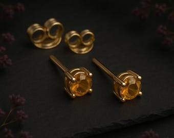 Solid 9ct Gold November Citrine Birthstone Stud Earrings