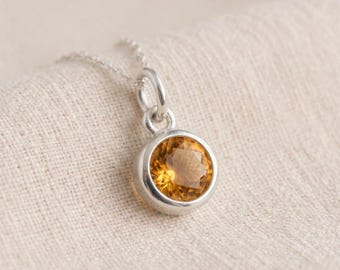 Tiny Personalised November Citrine Birthstone Pendant Necklace In Sterling Silver