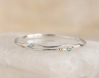 Blue Topaz And Opal Bangle in Molten Sterling Silver and Gold
