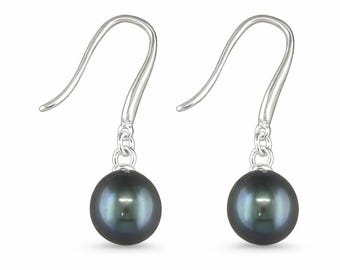 Sterling Silver Black Freshwater Pearl Drop Earrings – 8mm