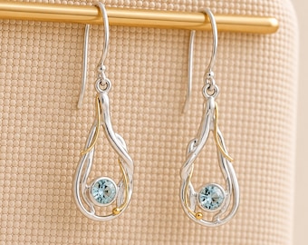 Molten Sterling Silver and Gold Blue Topaz Drop Earrings