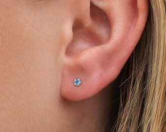 3mm Sterling Silver Aquamarine Blue Crystal Stud Earrings