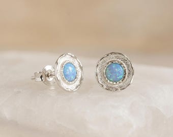 Blue Opal Disc Stud Earrings in Molten Sterling Silver