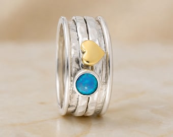 Personalised Opal Heart Spinner Ring in Sterling Silver