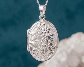 Personalised Forget Me Not Flower Photo Locket Necklace In Sterling Silver