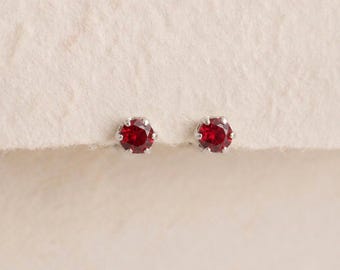 Tiny Ruby Stud Earrings in Sterling Silver