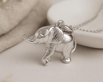 Baby Elephant Pendant • Solid Sterling Silver Elephant Necklace • Personalised Animal Charm Gift for Nature Lovers