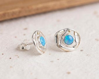 Blue Opal Stud Earrings in Molten Sterling Silver