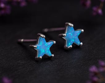Sterling Silver Blue Opal Star Stud Earrings