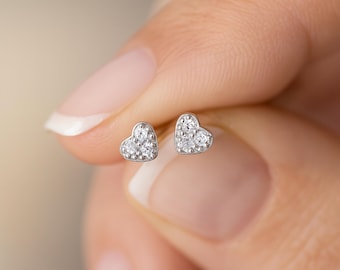 Mini Sterling Silver CZ Heart Stud Earrings