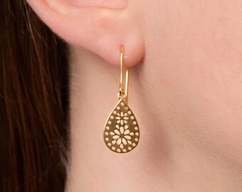 Floral Lace Dangle Earrings in 18ct Gold Plated Sterling Silver, Cut Out Lace Earrings, Lace Jewellery