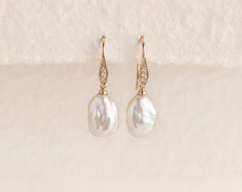 Keshi Pearl And Diamond Drop Earrings in Solid 9ct Gold