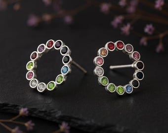 Twinkling Silver Plated Rainbow Halo Stud Earrings