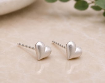 Sterling Silver Brushed Love Heart Stud Earrings