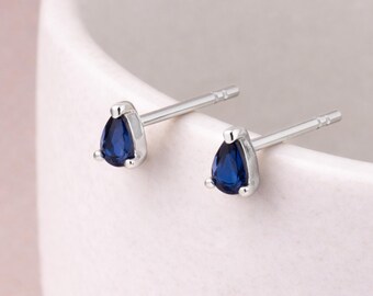 Sterling Silver Teardrop September Sapphire Birthstone Stud Earrings – 6mm x 4mm