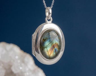 Personalised Labradorite Photo Locket Necklace In Sterling Silver